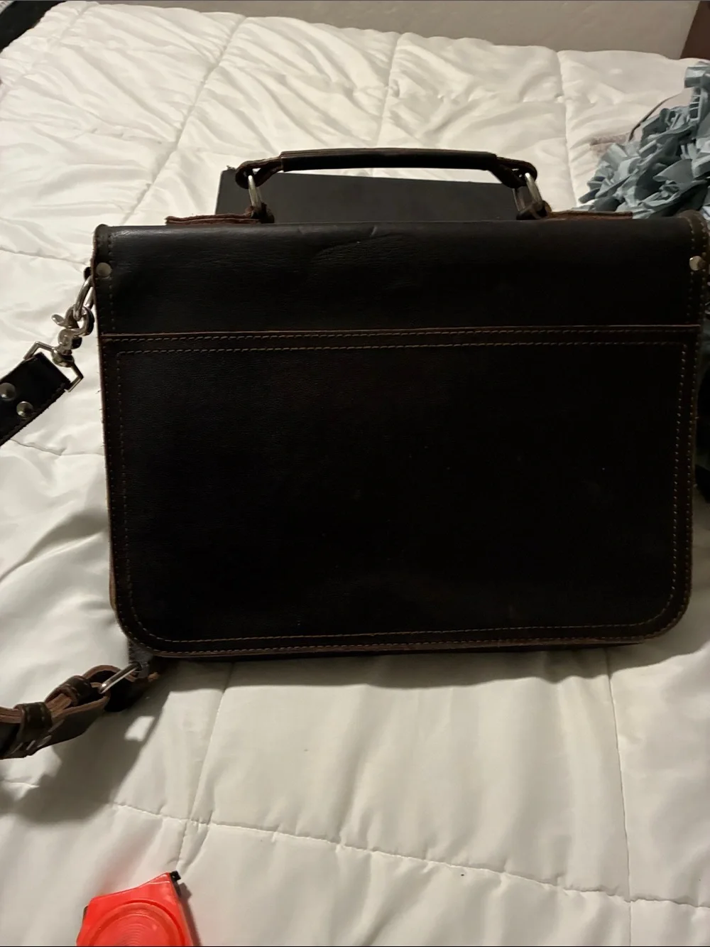 Men's Brown Leather Messenger Bag with Buckle Front